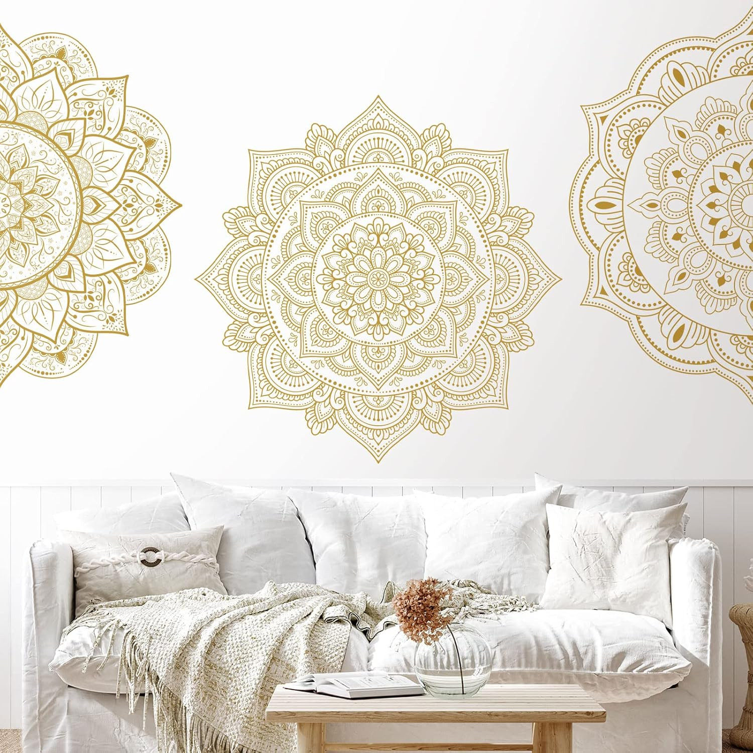 Chinco 4 Pcs Gold Half Mandala Wall Decal Boho Mandala Sticker Lotus Flower Viny