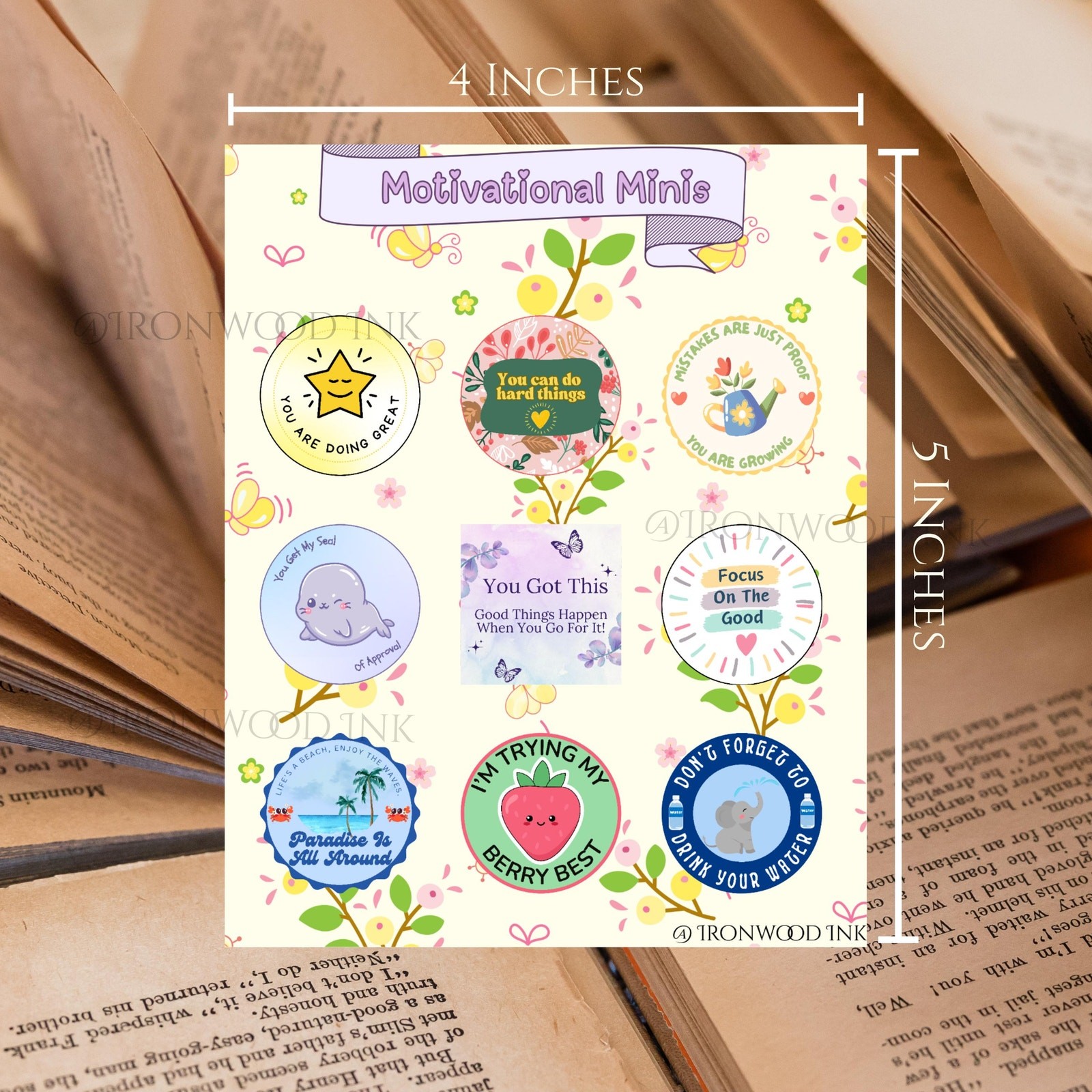 Motivational Minis Sticker Sheet Positive Message Garden Flowers Junk Journaling