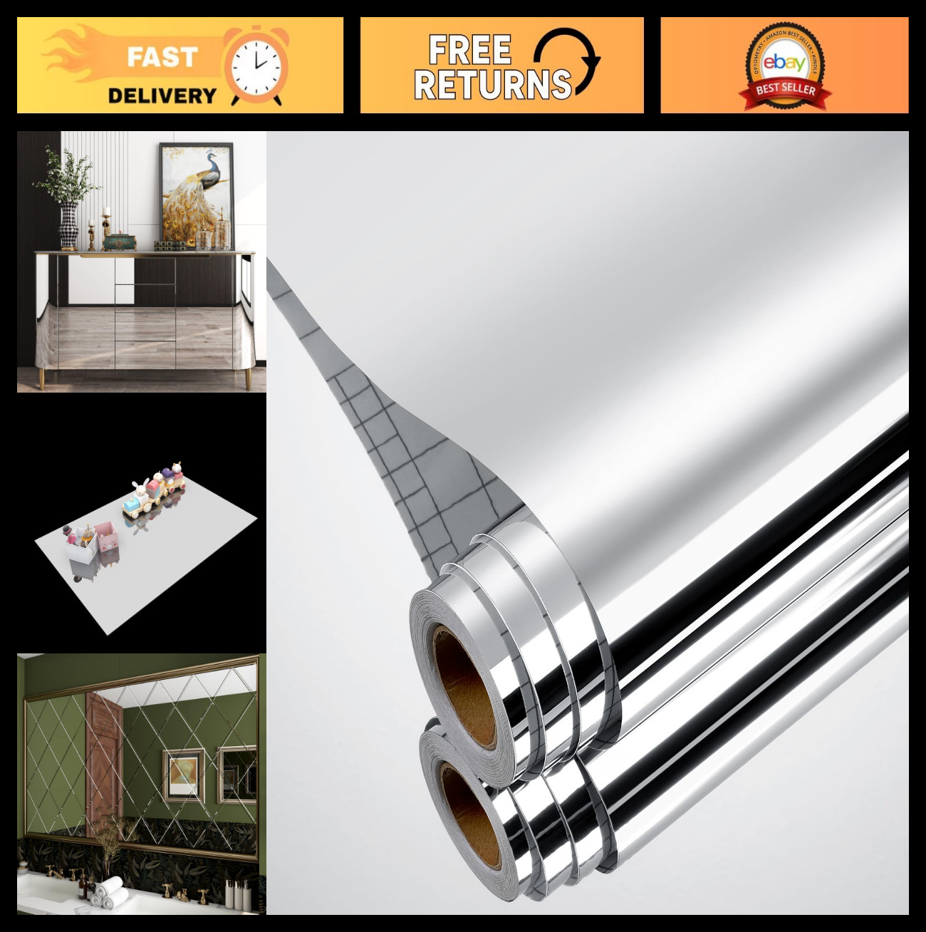 Flexible Peel and Stick Mirror Stickers – Silver, 17.7" x 200", Waterproof, Remo