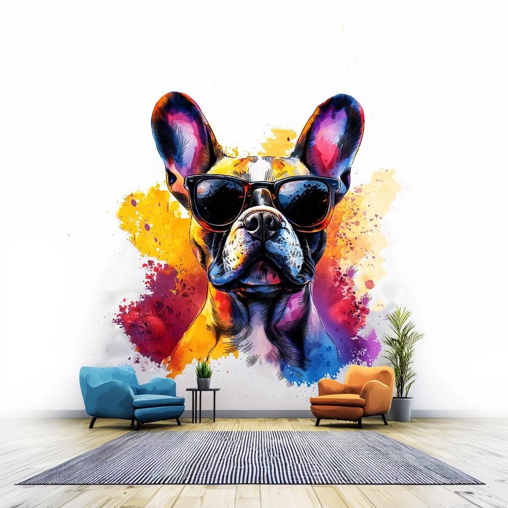 Chic French Bulldog Wall Decal with Stylish Sunglasses | Colorful Watercolor