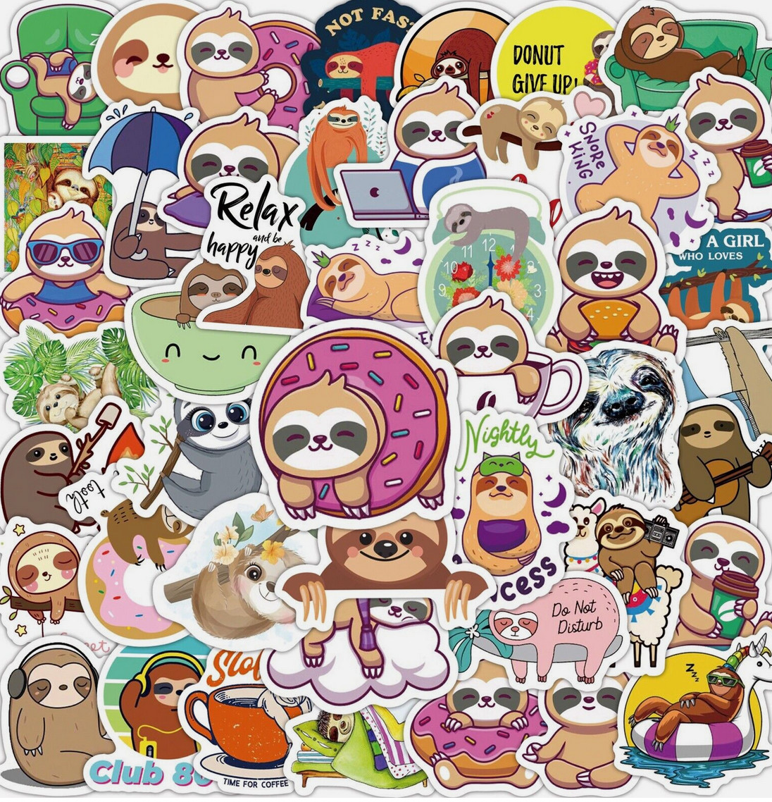 LOT OF 50 PCS CUTE SLOTH cartoon Characters Stickers coffee donut unicorn FUN