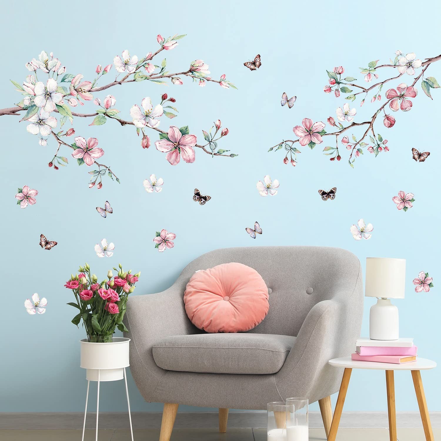 AM AMAONM Removable 3D Ink Style Brown Tree Branches and Pink WhiteFlower Wal…