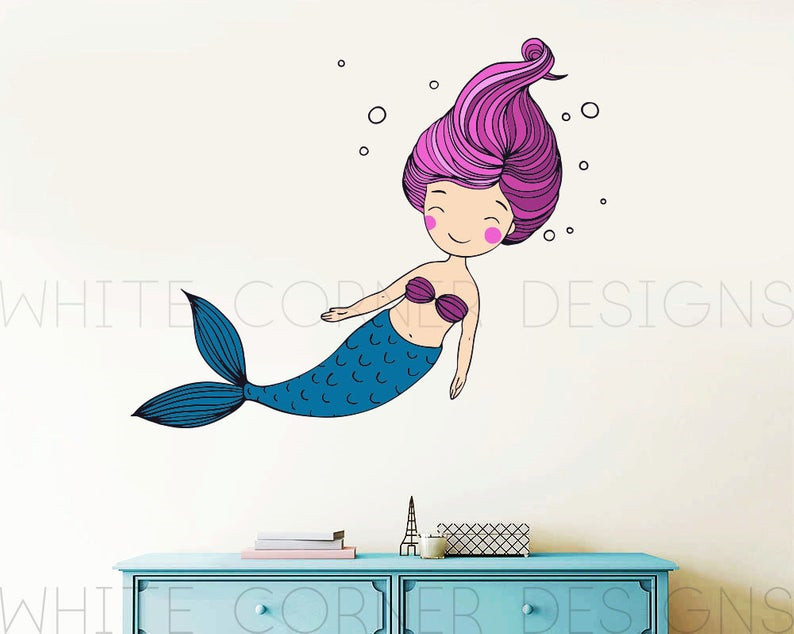 Multi Color Mermaid Wall Decal, Mermaid Sticker, Kids Name, Nursery Decor ga87