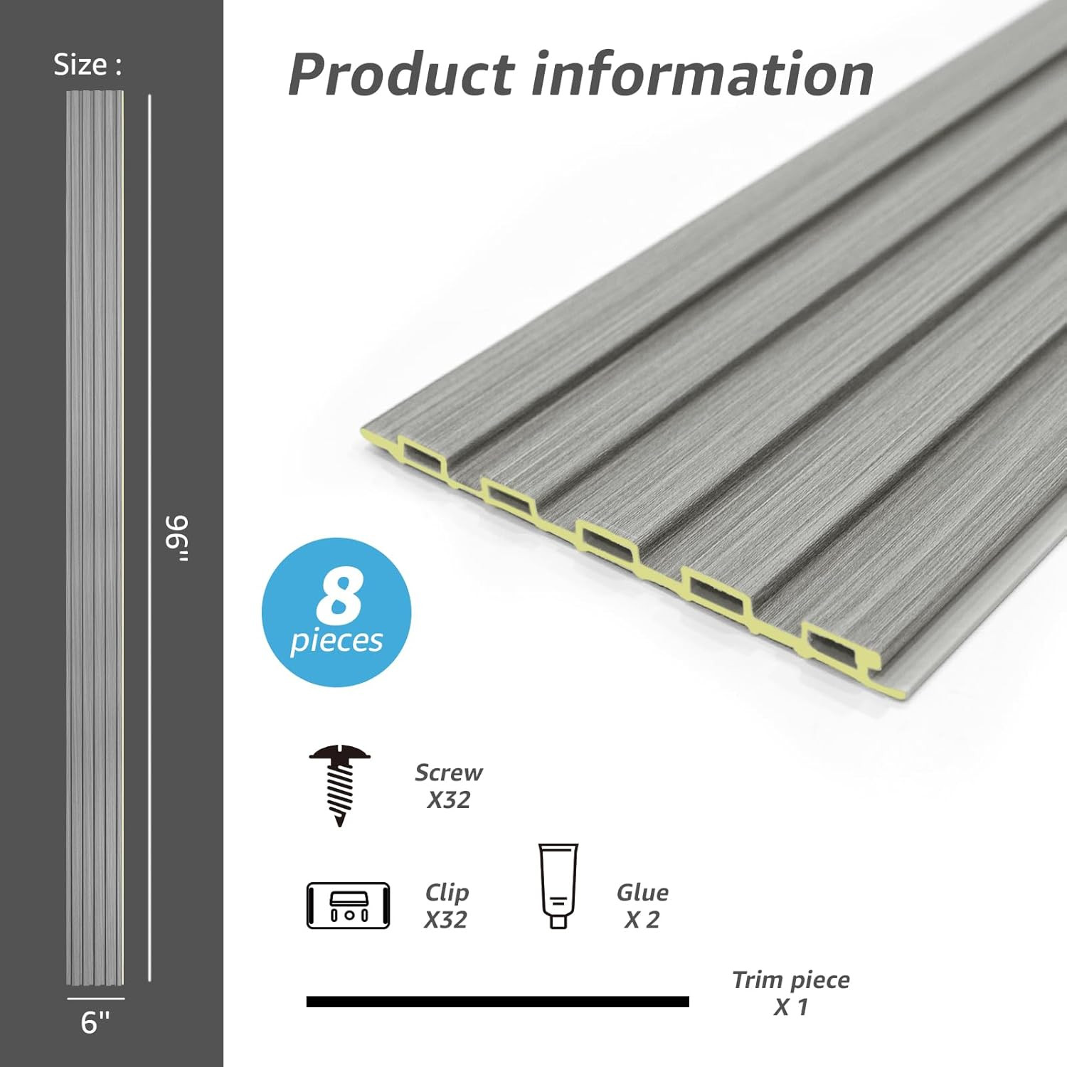 WPC Soundproof 3D Slat Wall Panels – Gray Oak, 8-Pack, 96×6 In.