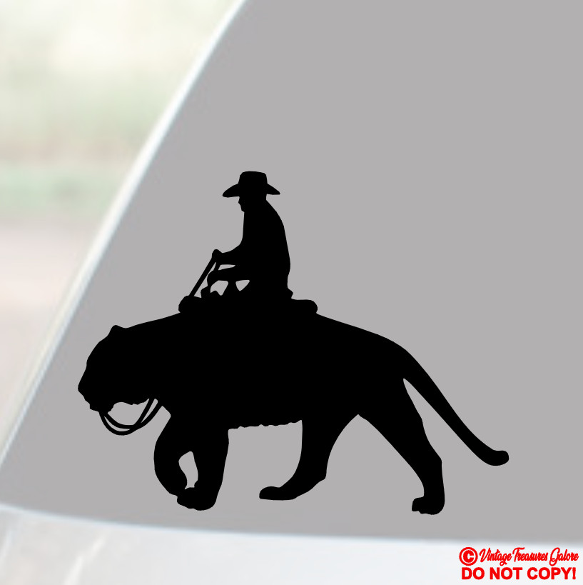 COWBOY GUY MAN RIDING A BIG CAT TIGER Vinyl Decal Sticker Car Window Wall Bumper