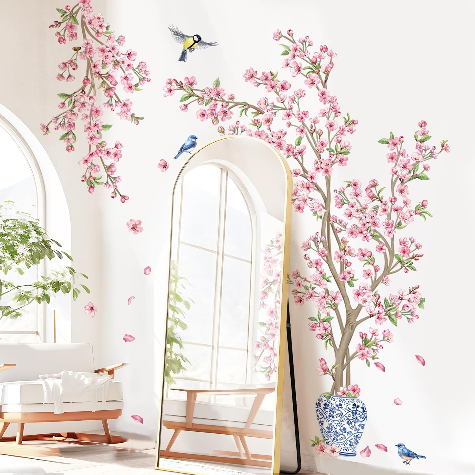 Pink Cherry Blossom Flower Tree Wall Decals Hanging Floral Tree Branch Birds …