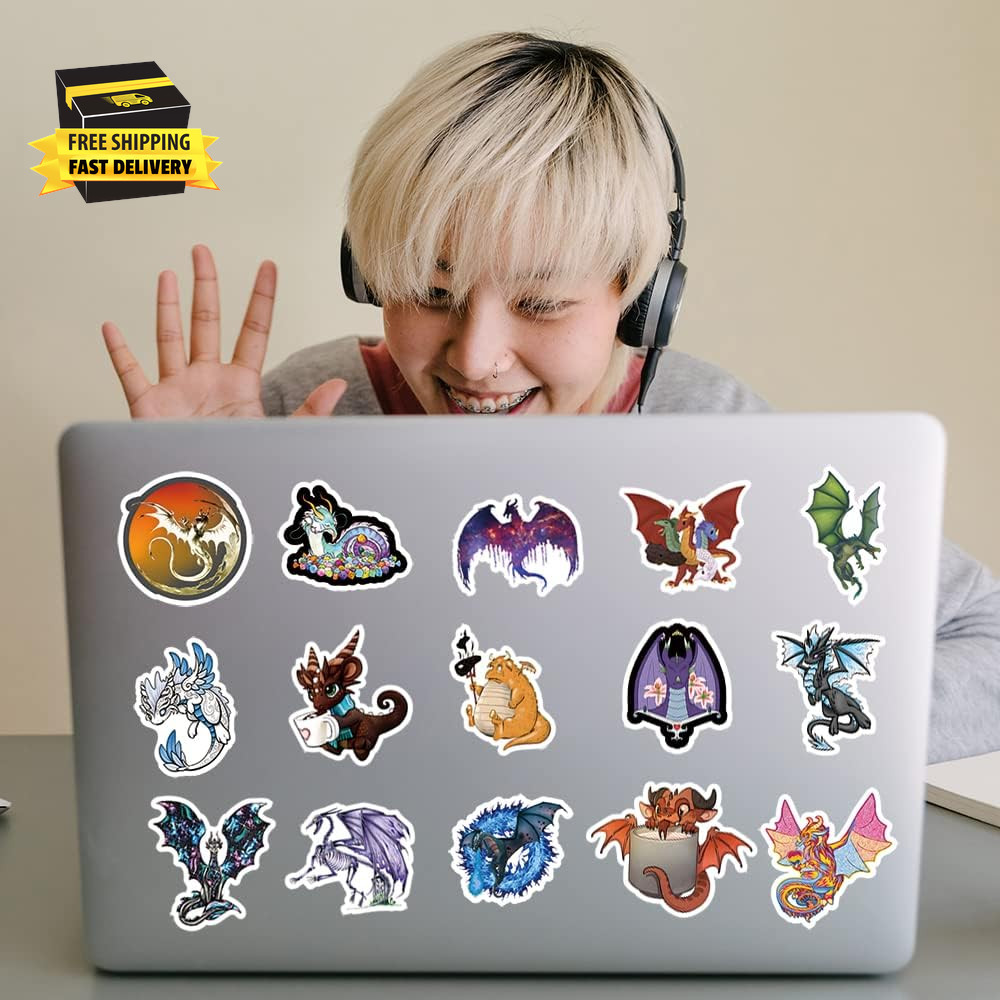 61Pcs Dragon Stickers Pack, Aesthetic Cartoon Cute Vinyl Waterproof Decals for W