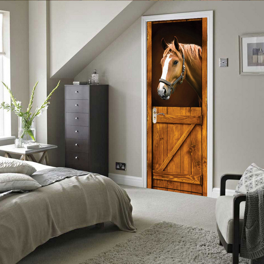3D Self Adhesive Vintage Stable Horse Door Sticker Wall Decor Mural Wallpaper