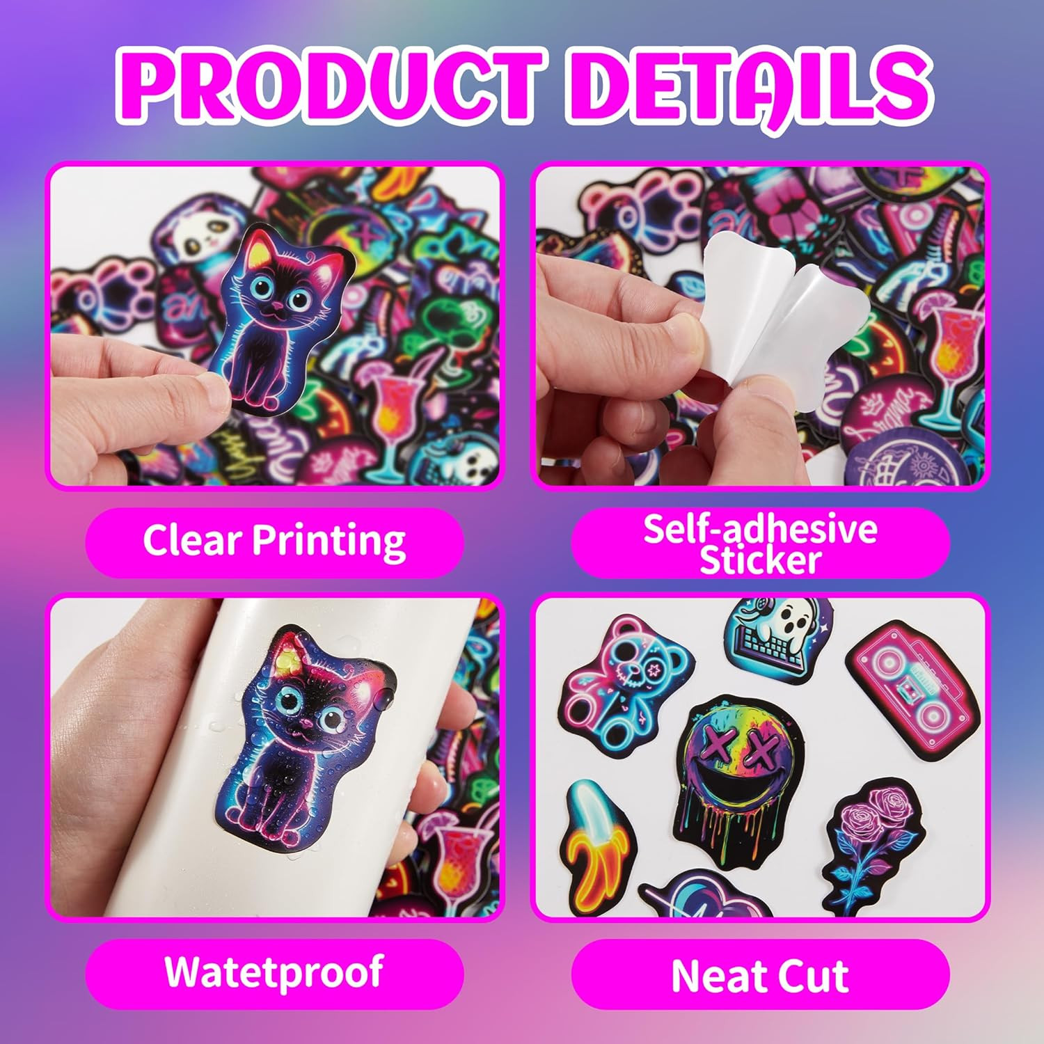 Neon Water Bottle Stickers for Kids, 70 Pcs Waterproof Vinyl Laptop Decals, Teen