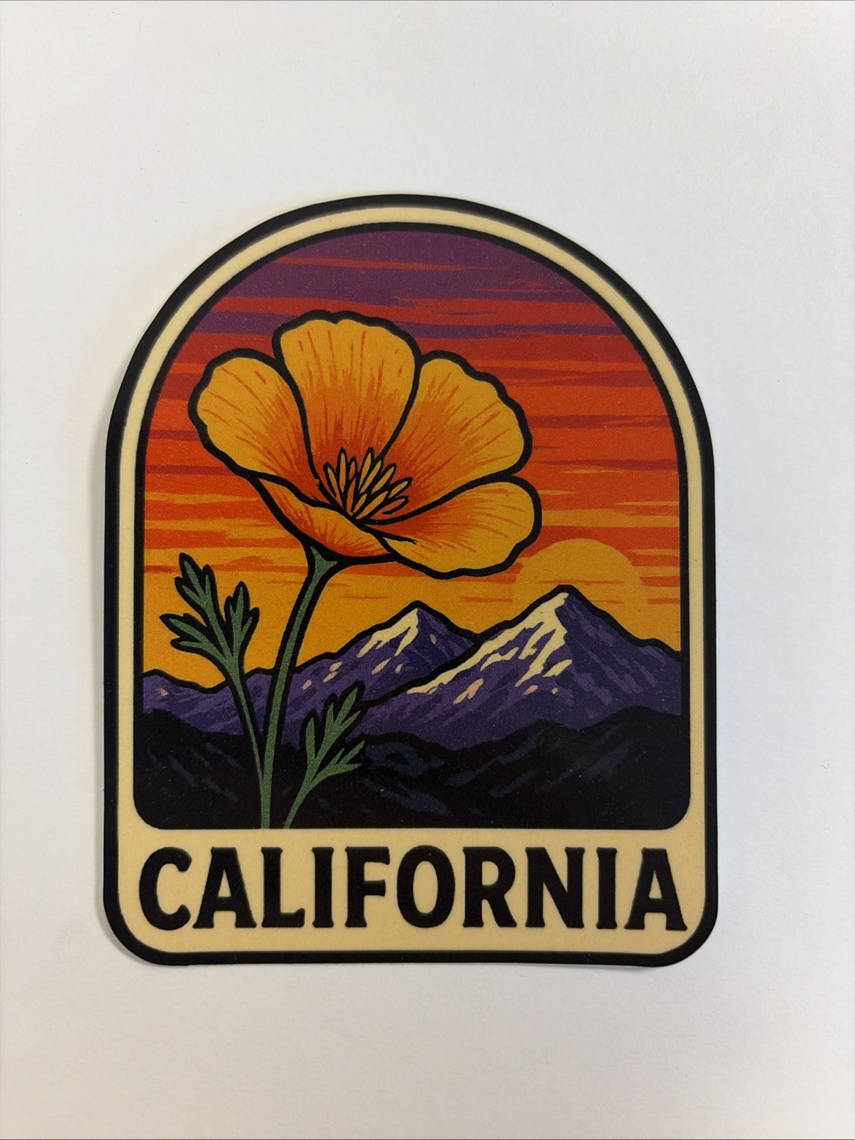 California Golden Poppy Sticker With Mountains Sunset