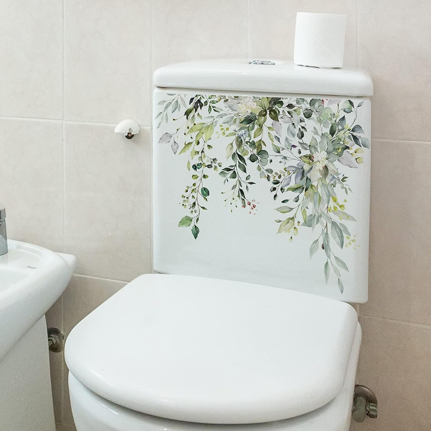 Green Leaf Floral Toilet Lid Decals – Self-Adhesive, Removable, Waterproof Bathr