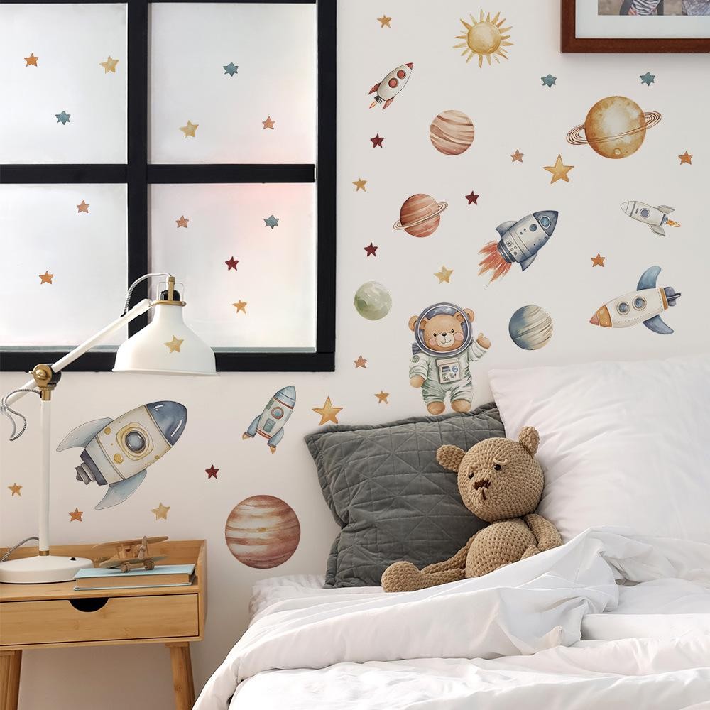 Cartoon Bear Astronaut Rocket Wall Decal – Removable Kids Room Nursery Decor
