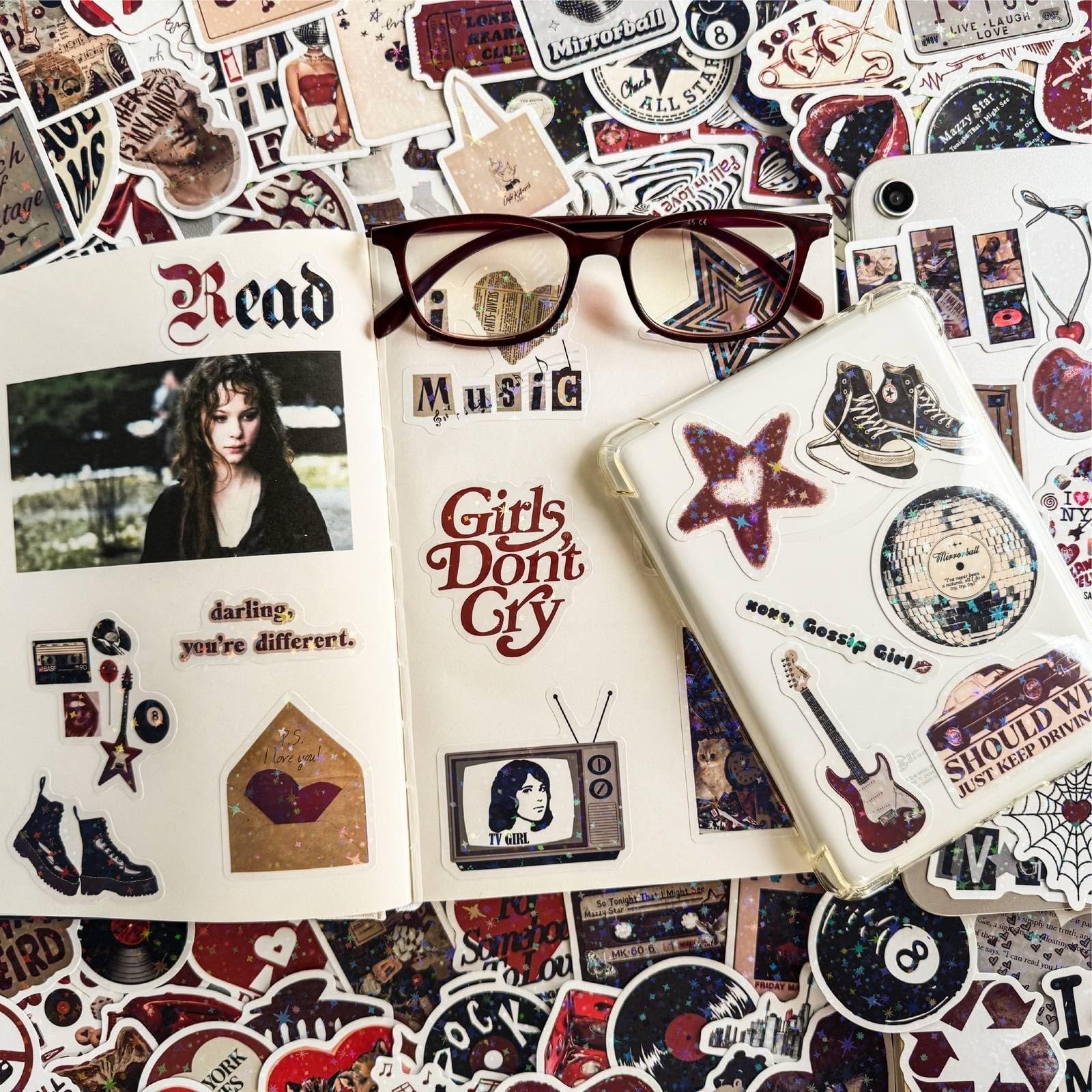 102 PCS Holographic Aesthetic Stickers – Y2K Grunge Cute Red Decals for Water Bo