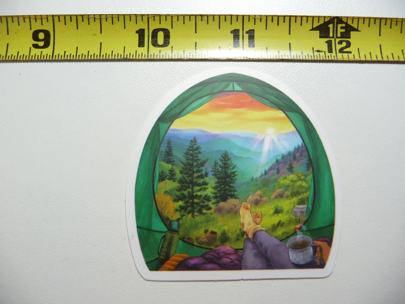 BEAUTIFUL VIEW FROM TENT MORNING CAMP CAMPING SMALL STICKER DECAL S NATURE