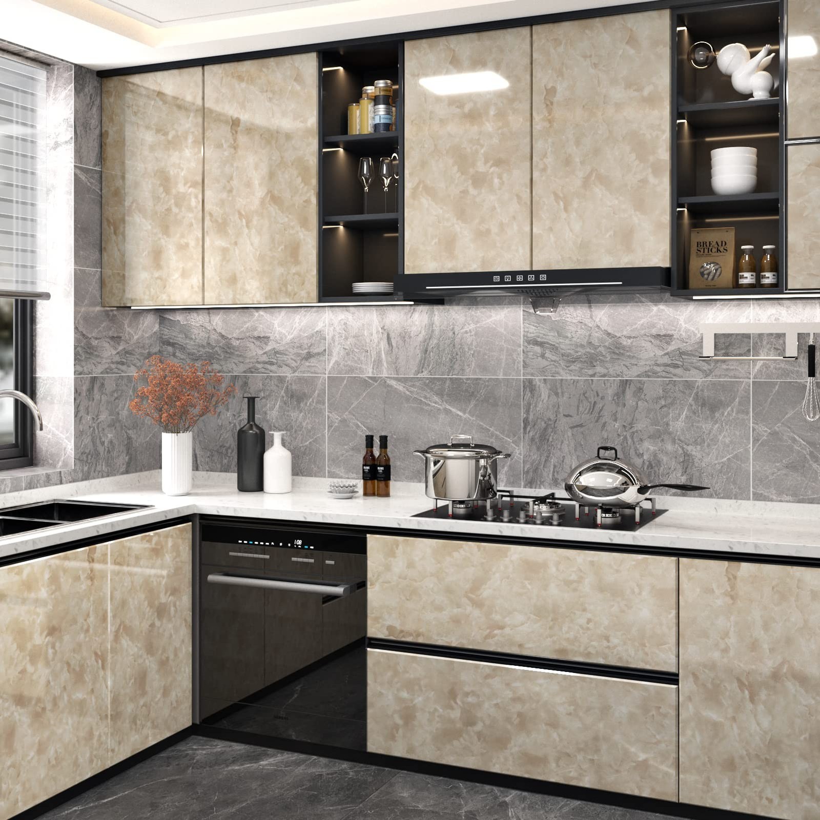 Glossy Beige Marble Contact Paper for Table Top Self Adhesive Shiny Marble Fi…