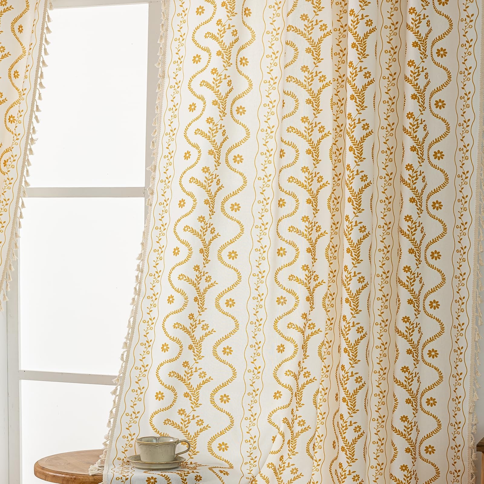 Yellow Boho Curtains 72 Inch Long for Living Room, Bedroom, 2 Panels Floral F…