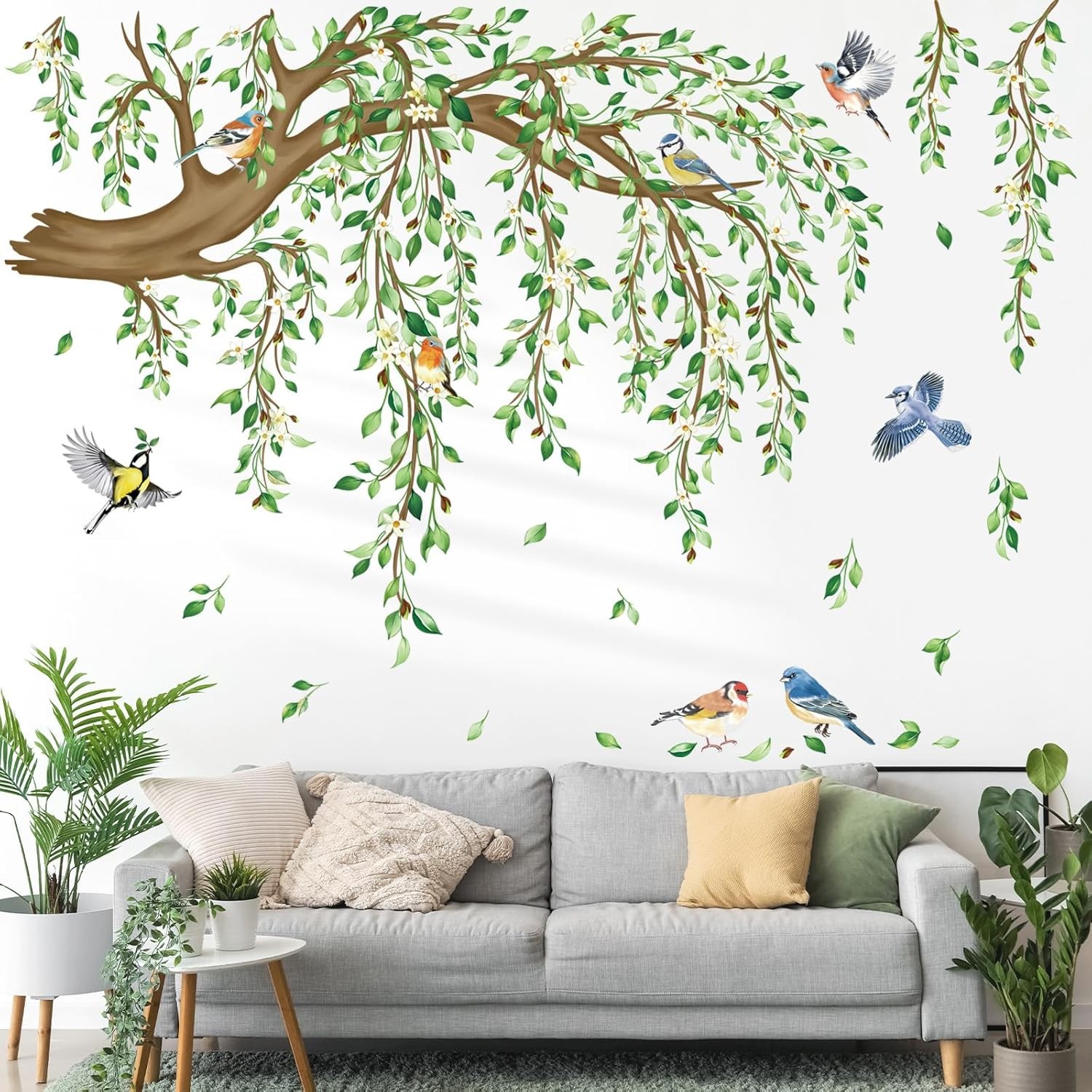 Large Hanging Vine Wall Stickers Tree Branch Green Leaf Flower Birds Wall Decals