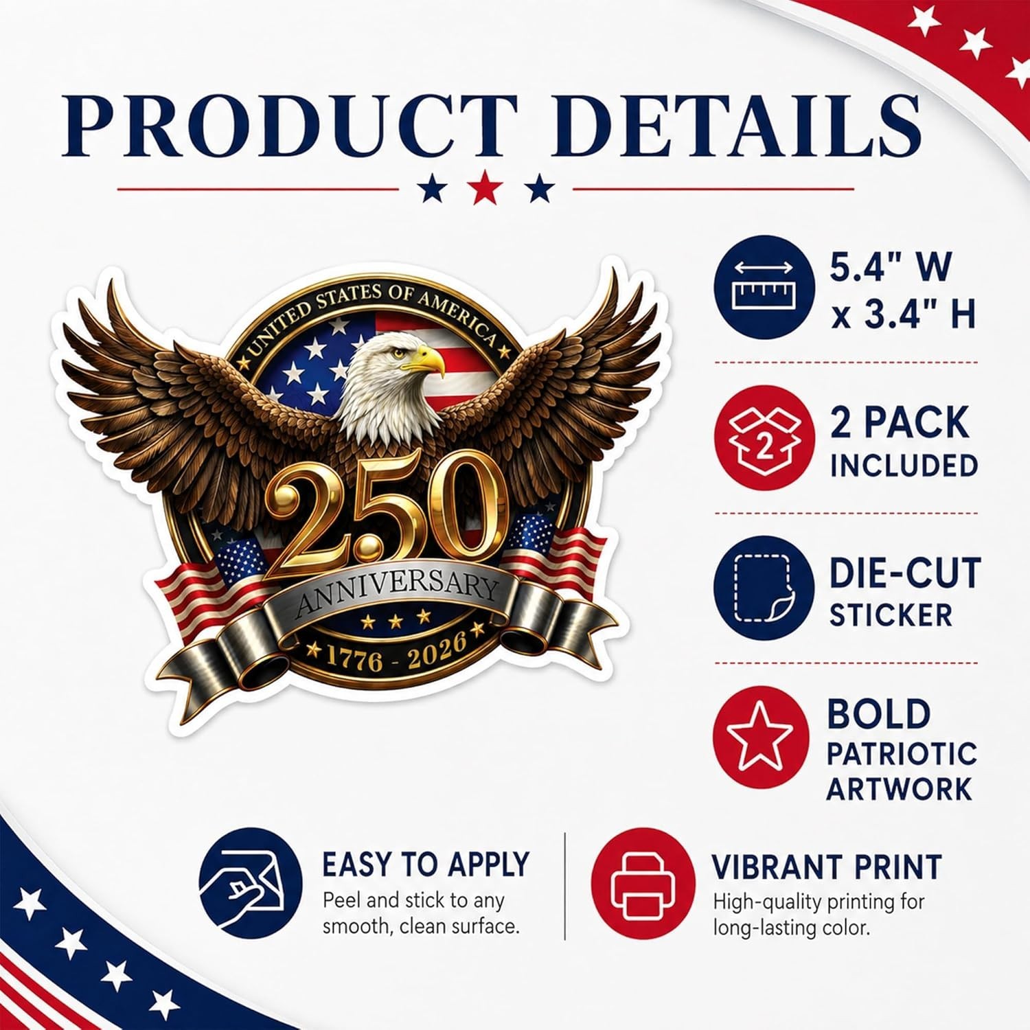 Bold Patriotic 250th Anniversary Car Stickers – Easy Application & Versatile Use