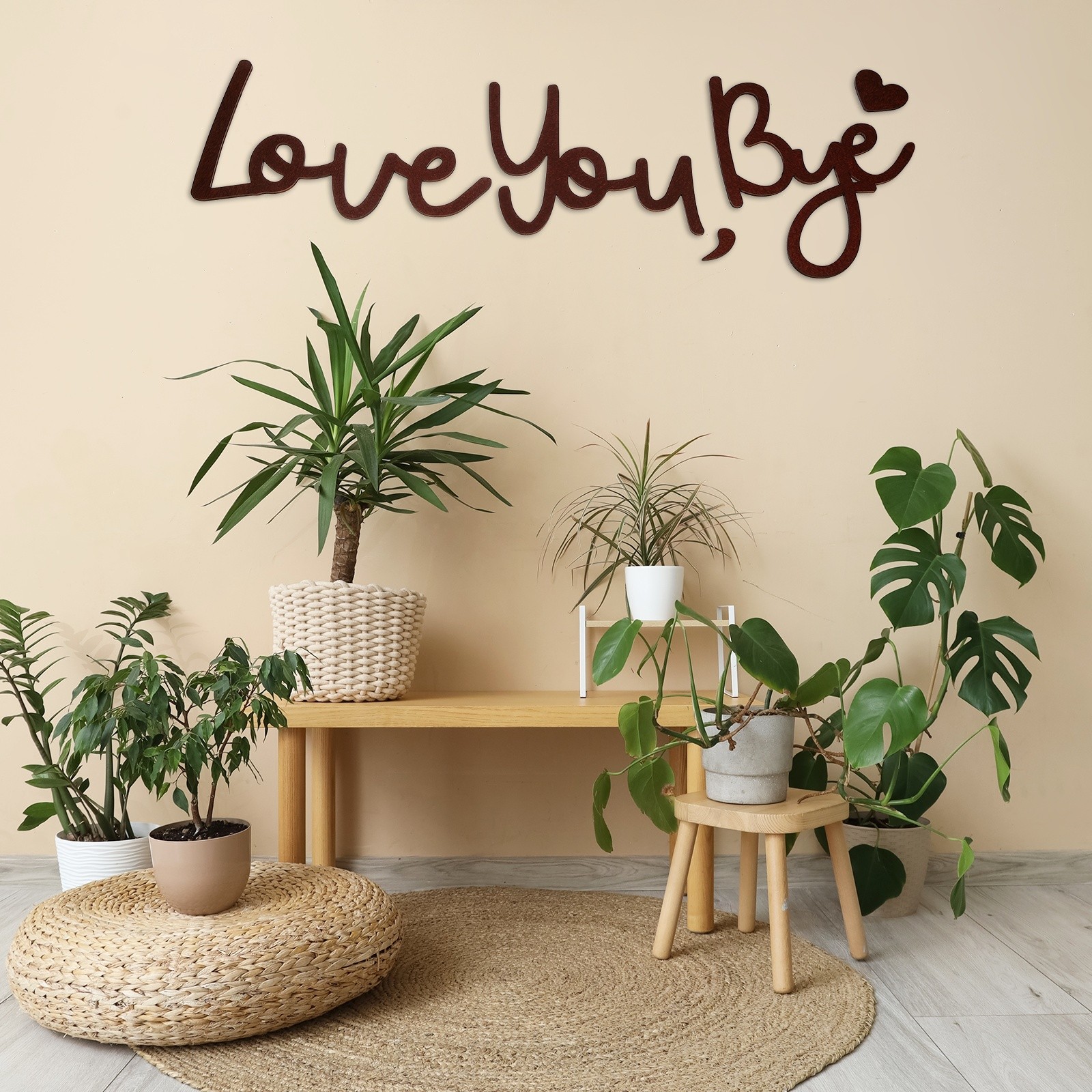 Brown Wooden Sign Love You Bye Wood Sign with Comma and Heart for Wall Decor
