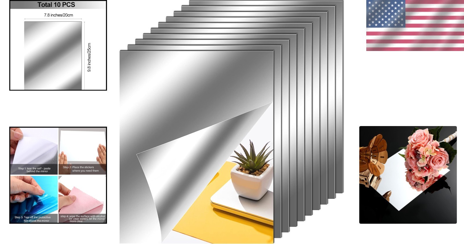 Flexible Wall-Mounted Non-Glass Mirror Tiles – 8×10 Inches in Silver Finish