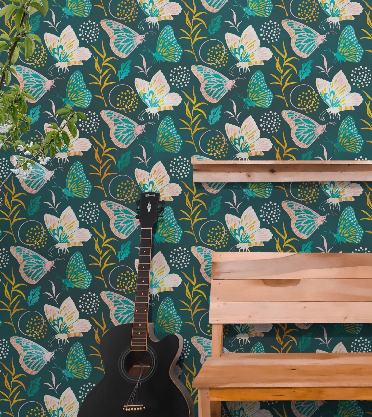 Butterfly Pattern Wall Mural. Retro Green and Gold Color Illustration Design. Be