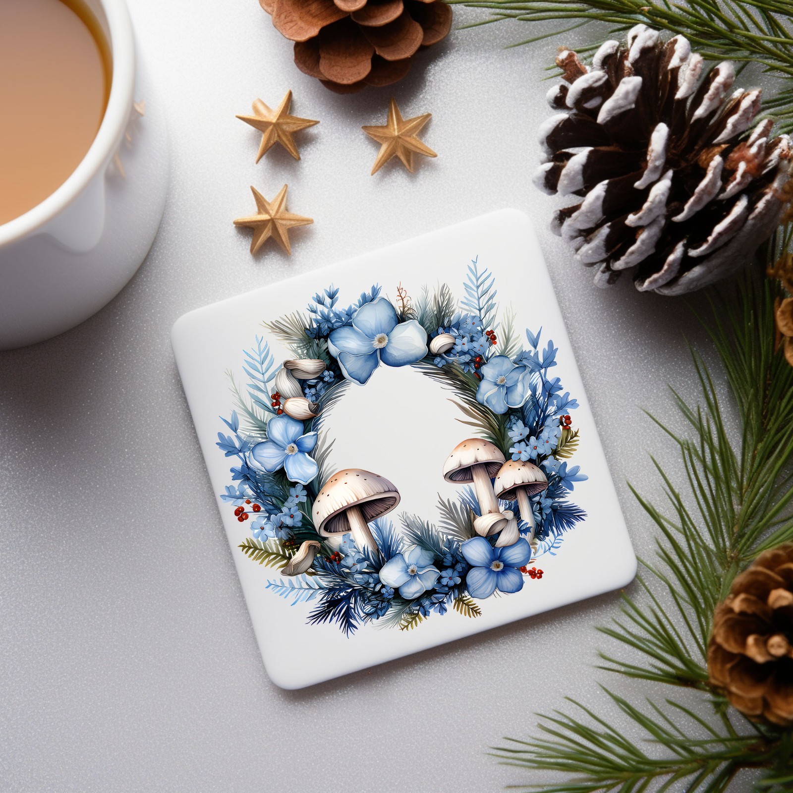 Blue and White Mushroom Wreath UV DTF Transparent Sticker / Decal