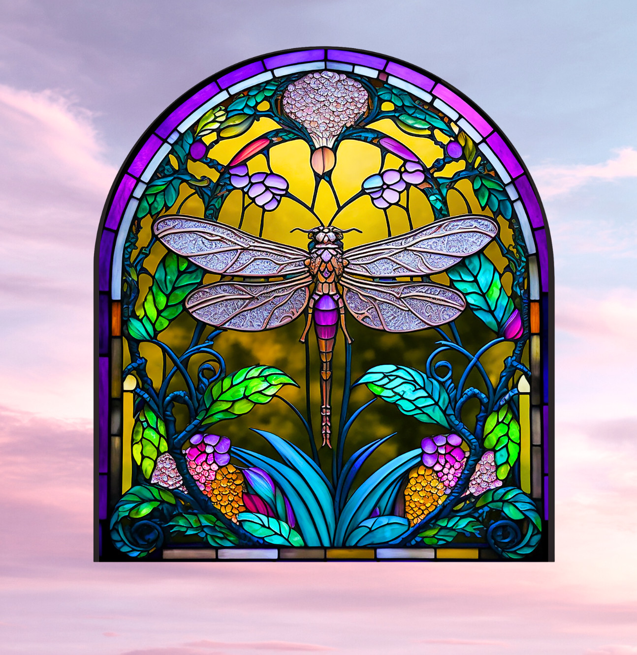 Dragonfly Faux Stained-Glass WINDOW CLING Size 9" Arch Shaped Vinyl