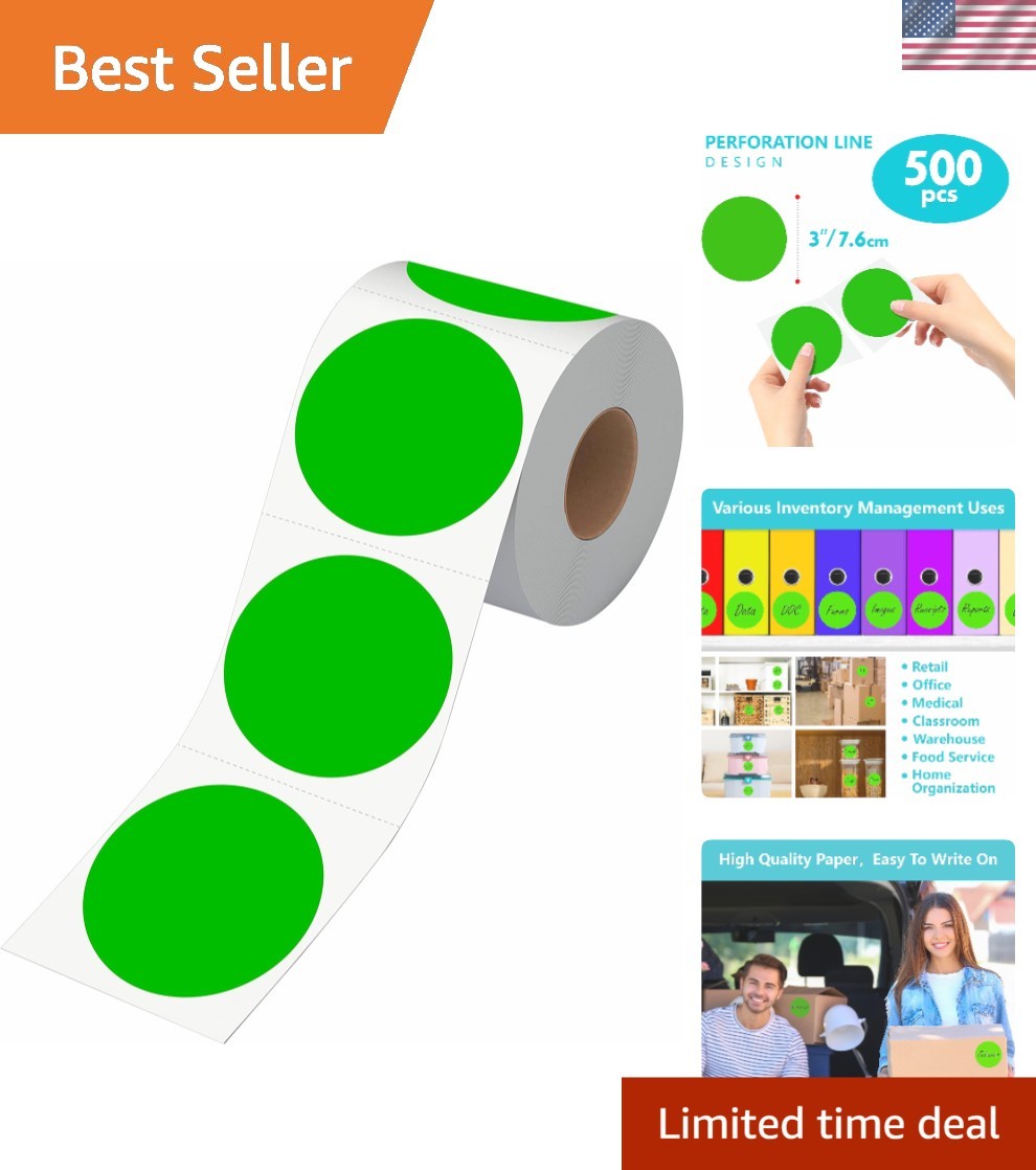 500 PCS Green Color Coding Circle Dots Inventory Stickers Labels in Roll 3"