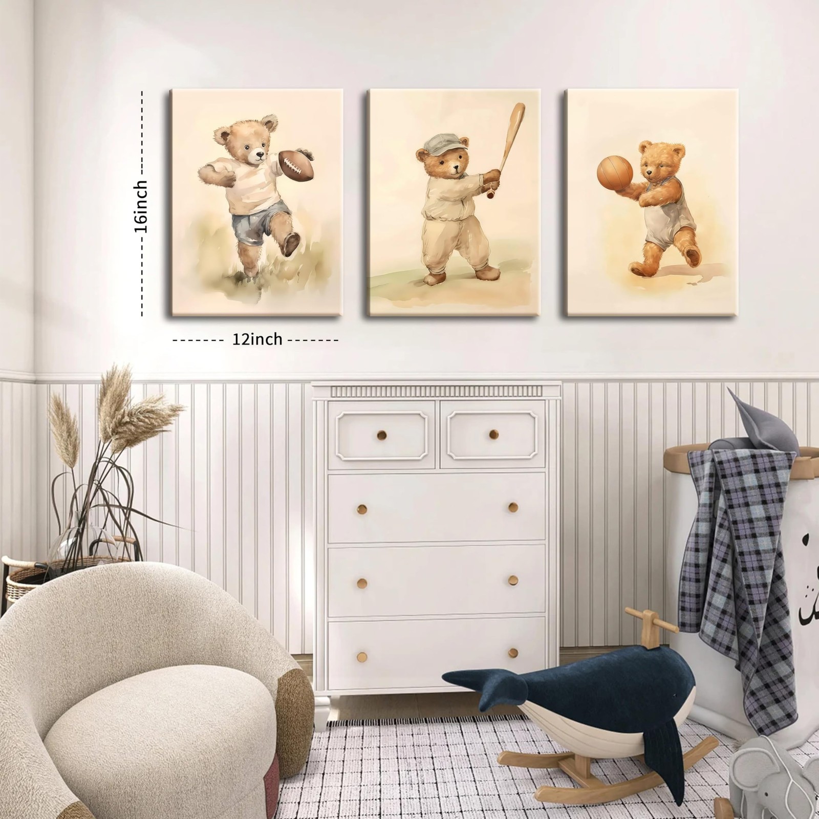 Bear Rugby Sports Nursery Canvas Wall Art Set of 3 – Cute Vintage Baby Bear P…