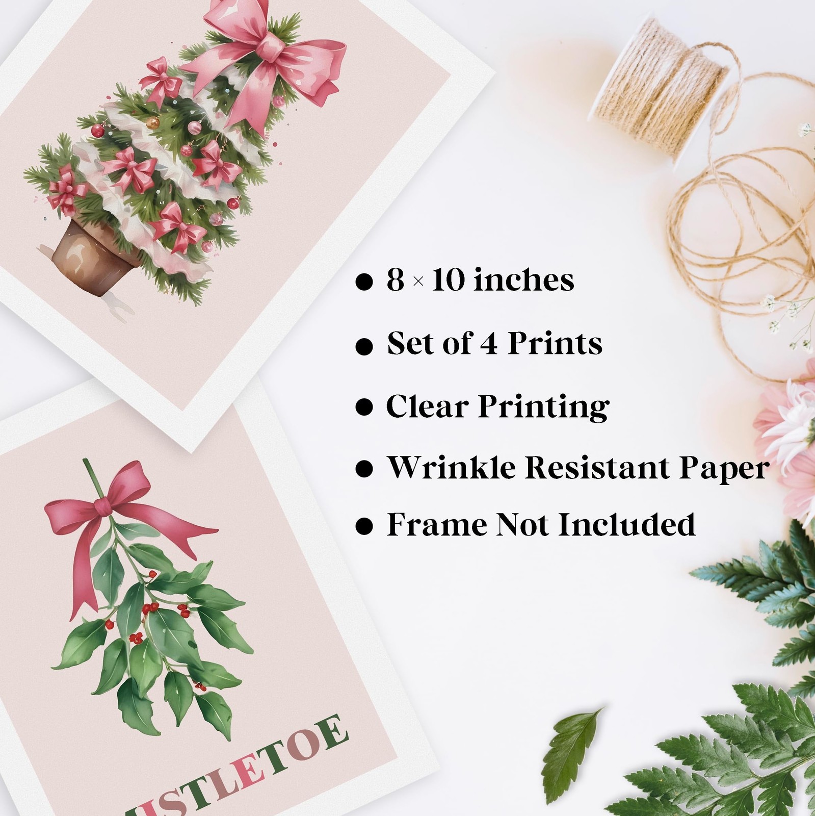 QLMX Coquette Pink Christmas Wall Art Prints Set of 4, Mistletoe Wall Decor, …