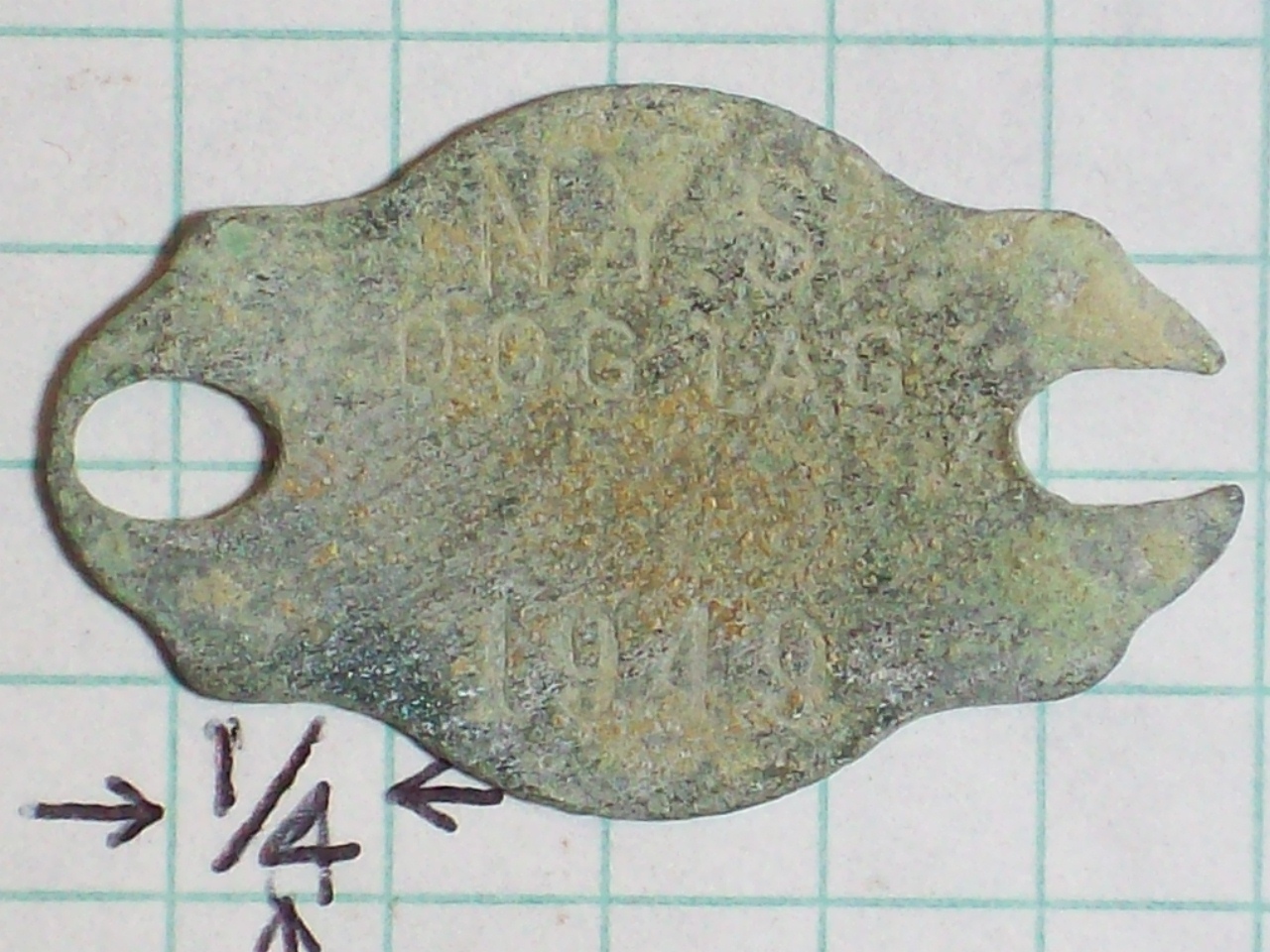 CANINE DOG TAG 1949 N.Y.S. DOG TAG NO NUMBER ALUMINUM RECTANGULAR CIRCLE DIAMETE