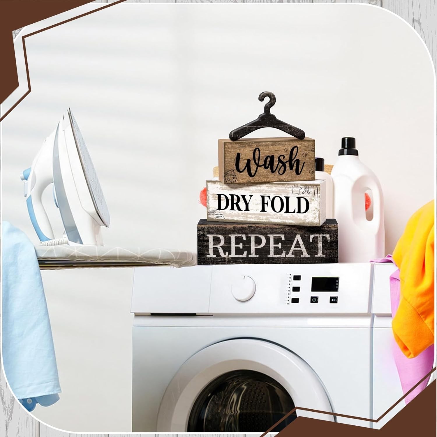 4 Pcs Farmhouse Laundry Room Decor Stacked Blocks, Wash Dry Fold Repeat Woode…