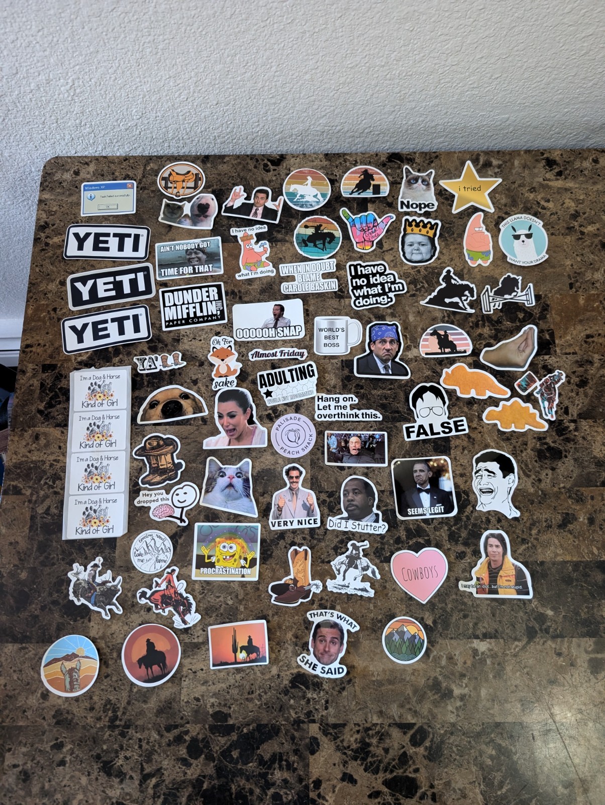 Lot Of Miscellaneous Stickers Western, Memes, Horses, The Office, Yeti, Etc