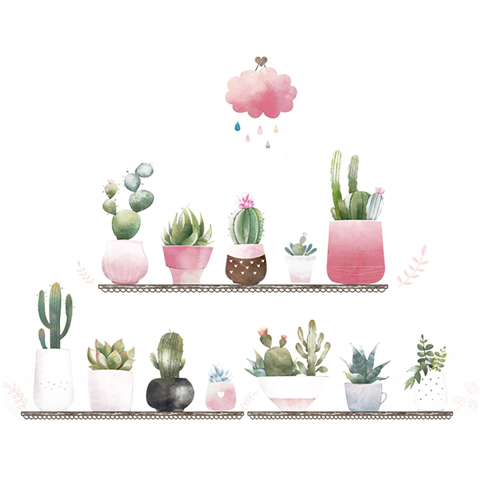 Green Potted Succulent Plants on Shelves Removable PVC WALL STICKER Living Room