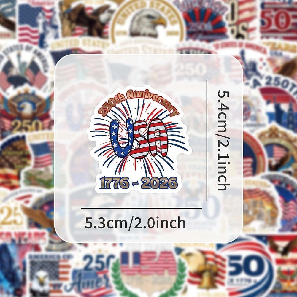 50PCS USA 250th Anniversary Stickers Patriotic Waterproof Vinyl Decals