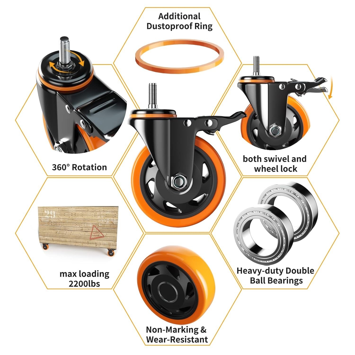 3 Inch Caster Wheels 2200Lbs, Threaded Stem Casters Set of 4 Heavy Duty, 1/2"-13