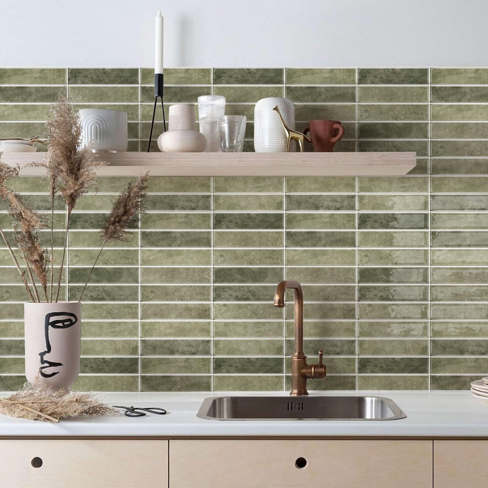 10 Sheets 12x12inch Retro Green 3D Vinyl Backsplash Tiles, Self-Adhesive Peel…