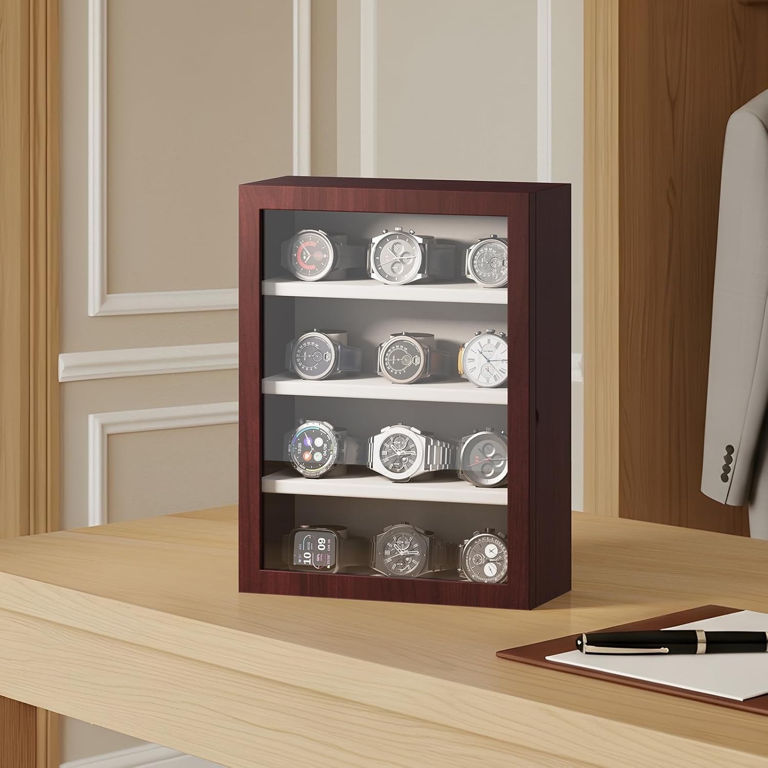 12-Slot Watch Display Case, Wall Mount Wooden Watch Box, Vertical Storage Men…