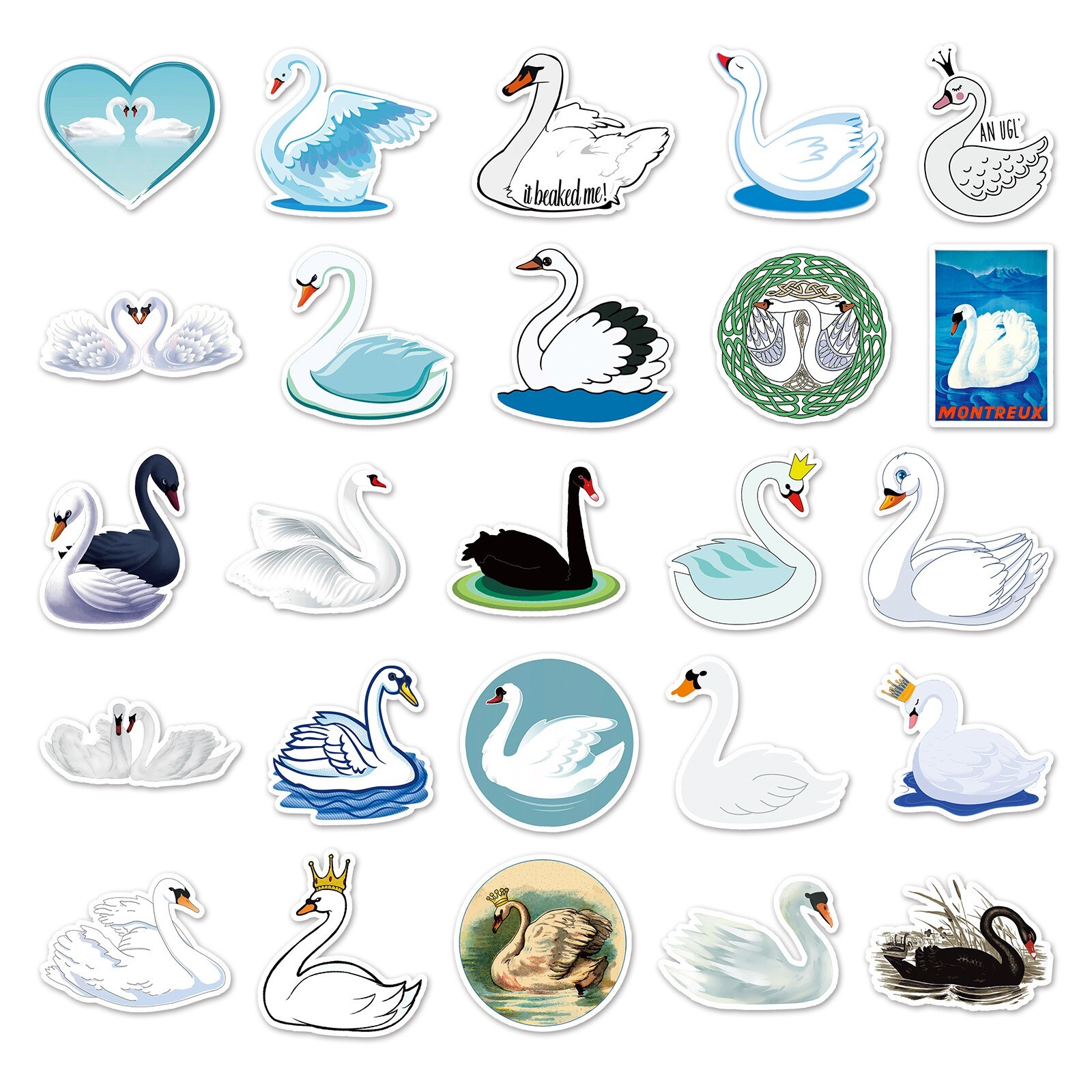 50pcs SWAN Stickers, Cute Animal Water Bottle Laptop No Residue Sticker, #212