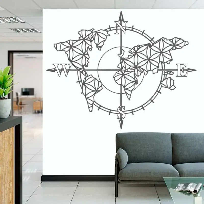 Flower of Life World Map Compass Vinyl Wall Sticker Home Boho Art Wall Modern