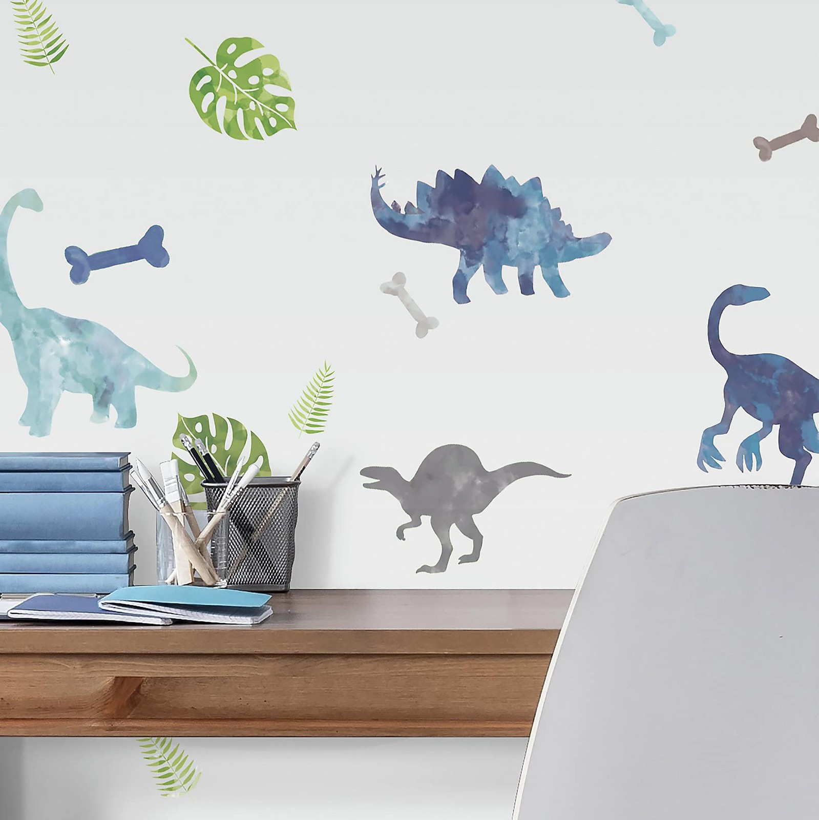RMK4101SCS Watercolor Dinosaur Peel and Stick Wall Decals,Blue, Green, Gray