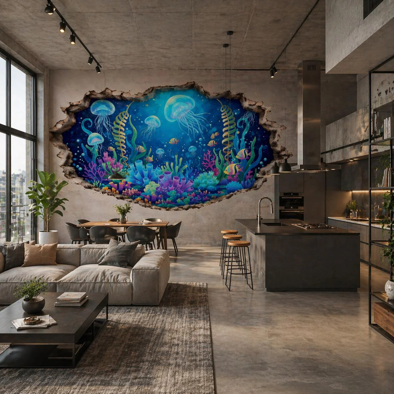 3D Underwater Wall Vinyl Decal | Jellyfish Coral Reef Broken Wall Illusion
