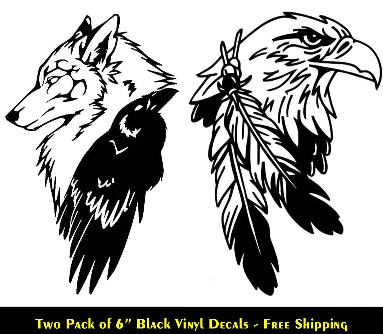 Tribal Wolf Raven Eagle Native American Two 6" Black Vinyl Decal Vehicle Laptop