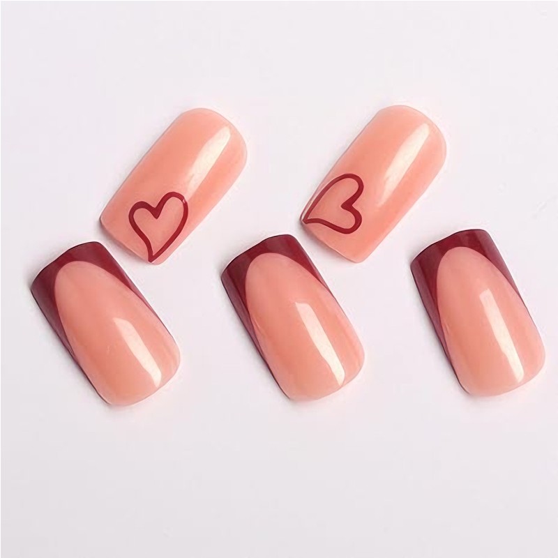 24 PCS Valentine's Day Press On Nails, French Tip Medium Square Wine Red Heart F