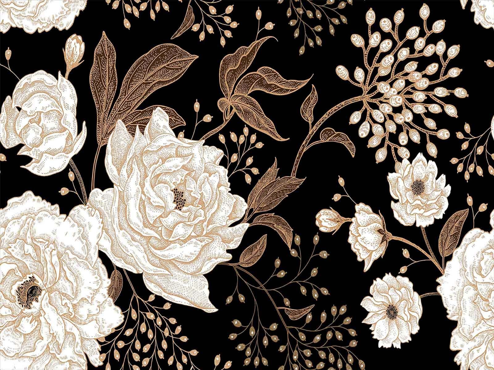 Wall Mural Peonies and Roses Floral Vintage Wallpaper Seamless Gold White Flo…