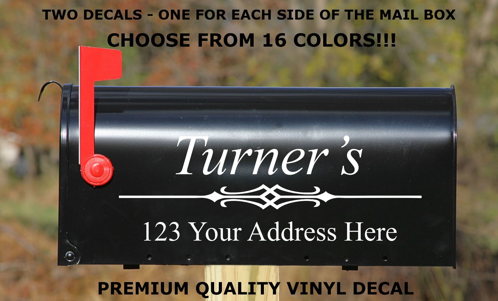 CUSTOM PERSONALIZED VINYL MAILBOX DECAL #1 – SET OF 2 – 16 COLOR CHOICES 5X14