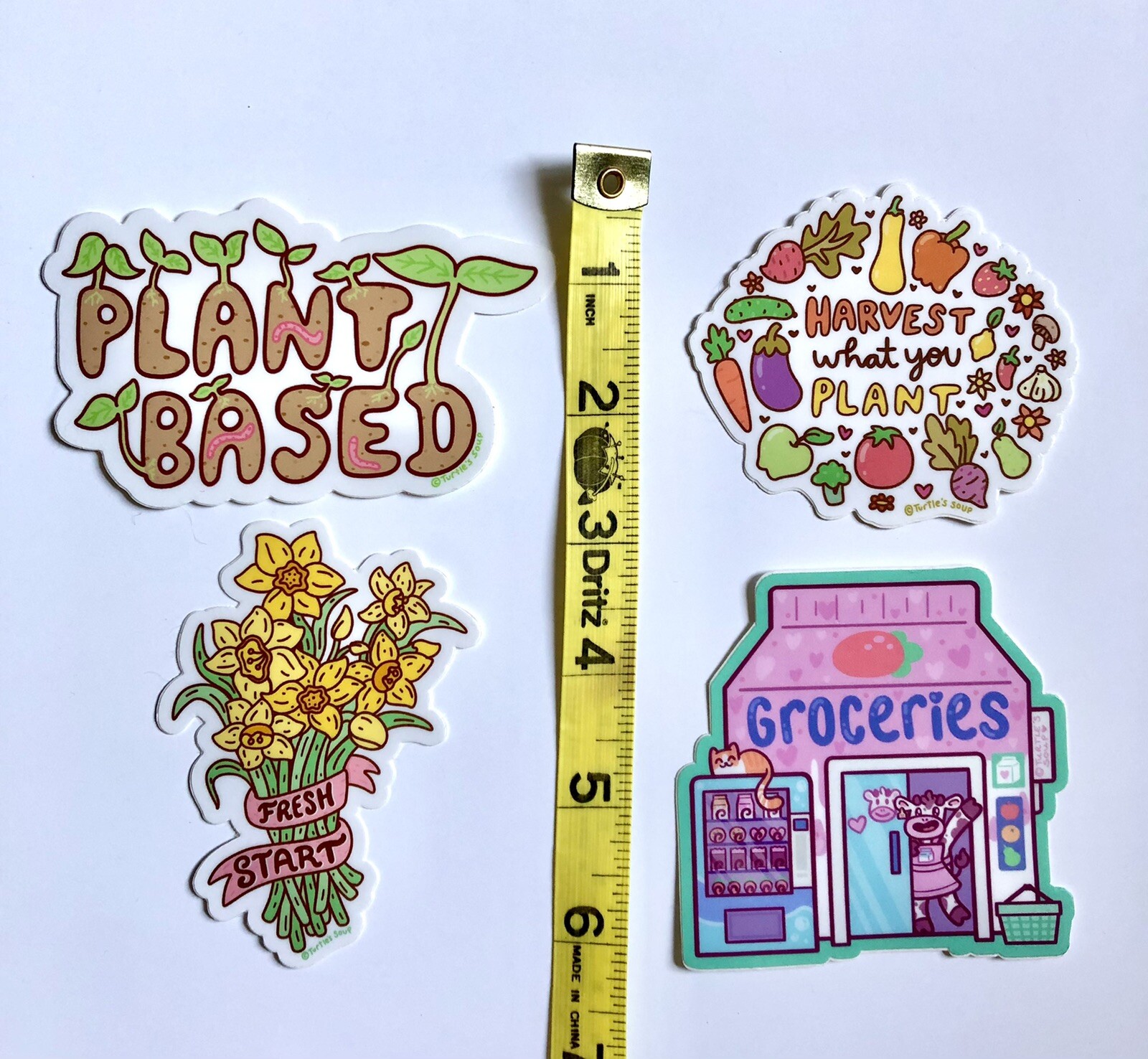NEW! Turtle’s Soup SET OF 4 VINYL STICKERS / DECALS — 3×3” Whimsical Plant Theme
