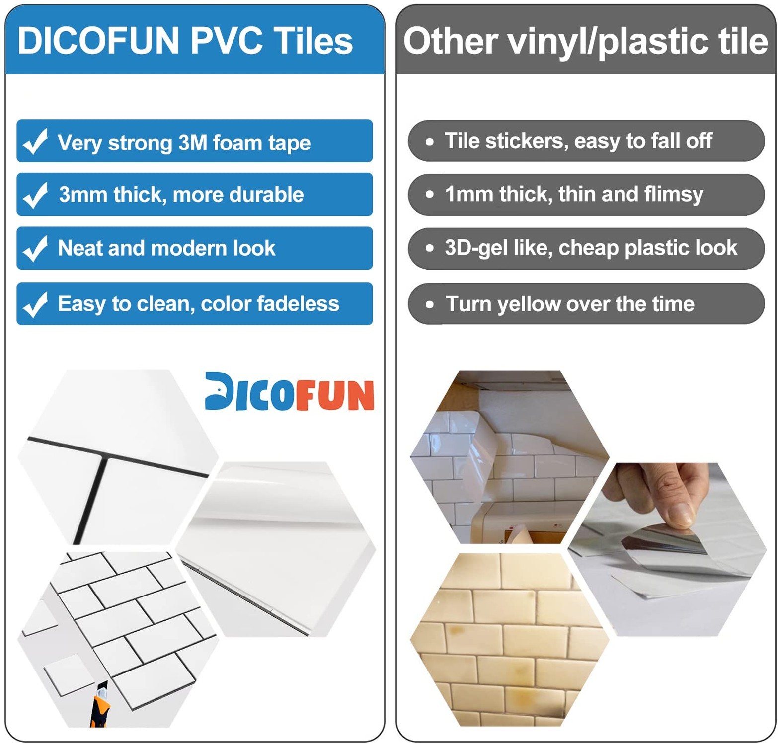 DICOFUN 10-Sheet Polished White Thick PVC Peel and Stick Backsplash, Ceramic …