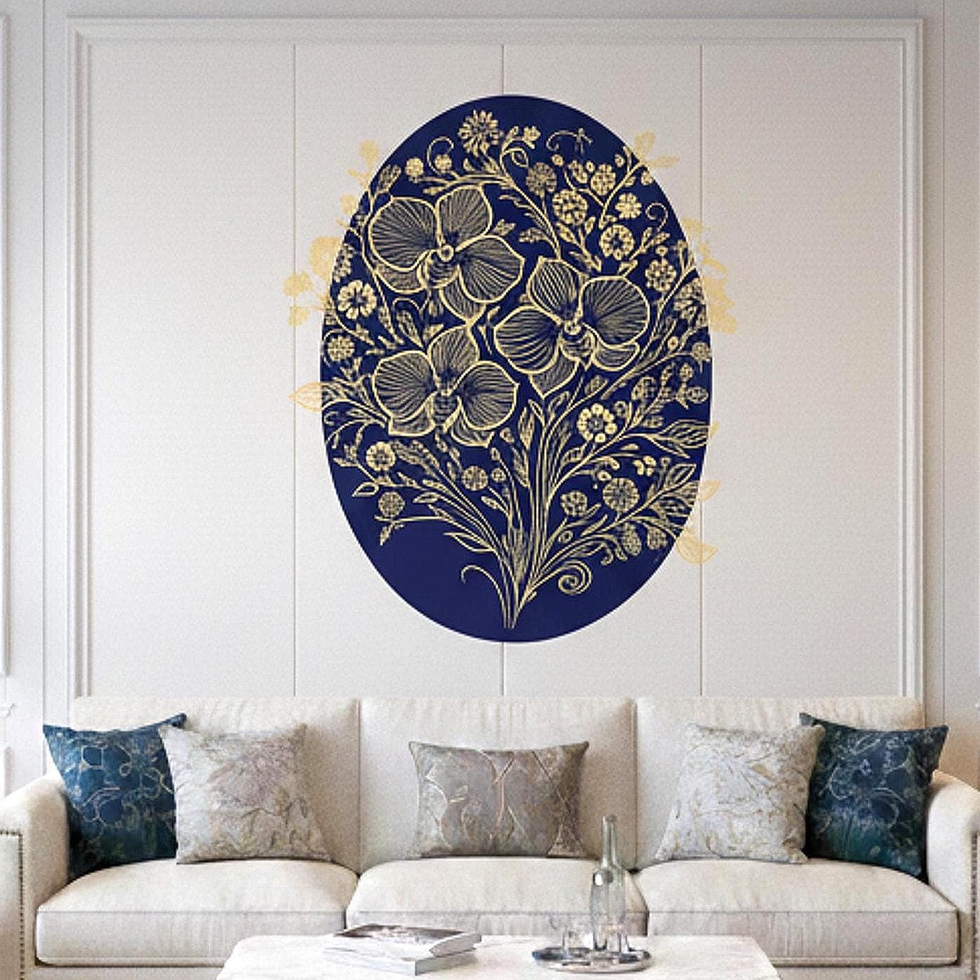 Gold Filigree Orchid Decal | Navy Blue Floral Mural