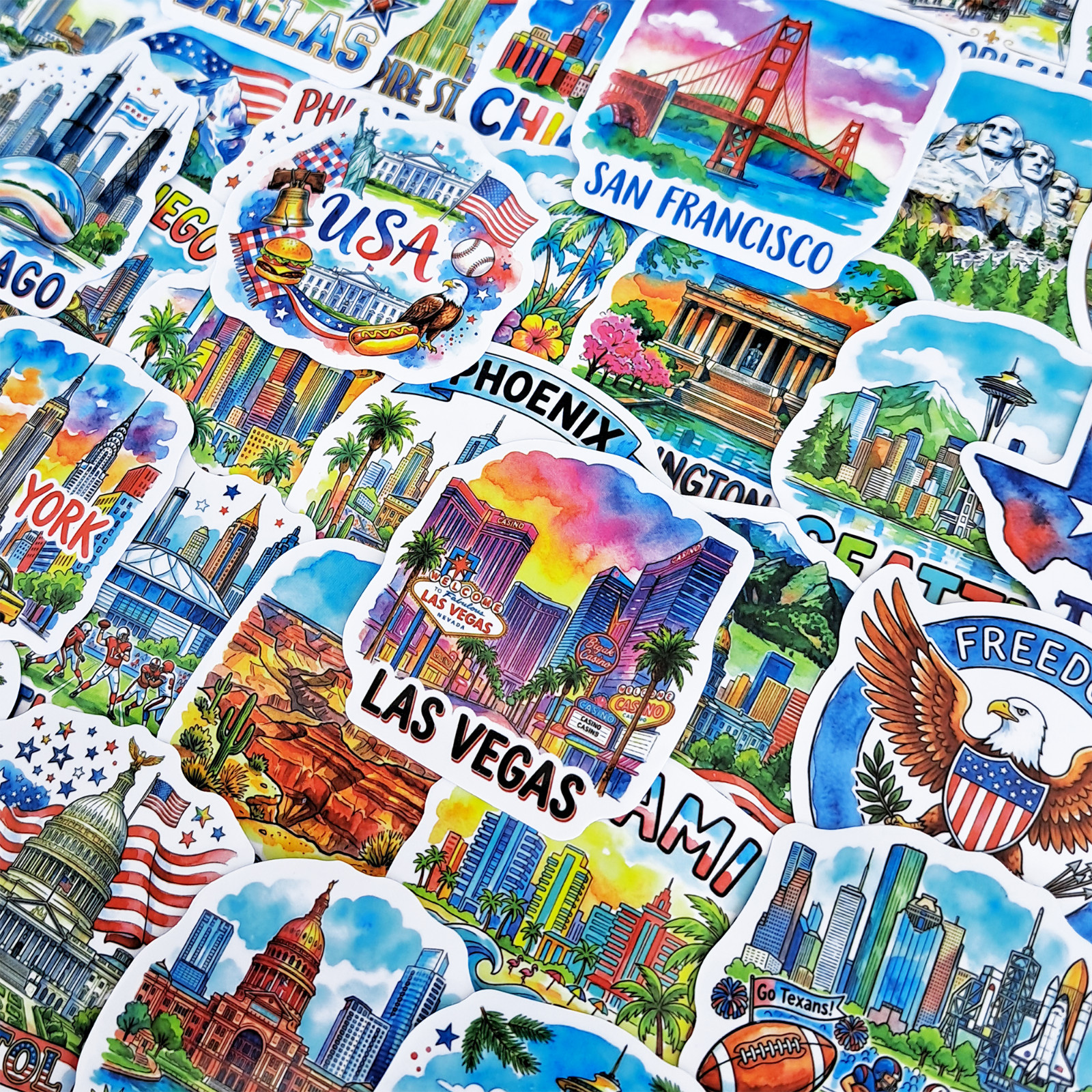 50 PCS USA Travel Sticker Pack American Landmarks Famous Places Journal
